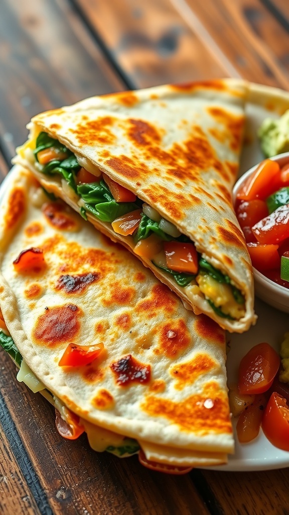 Crispy vegetable quesadilla filled with peppers, onions, and spinach, served with salsa and guacamole.